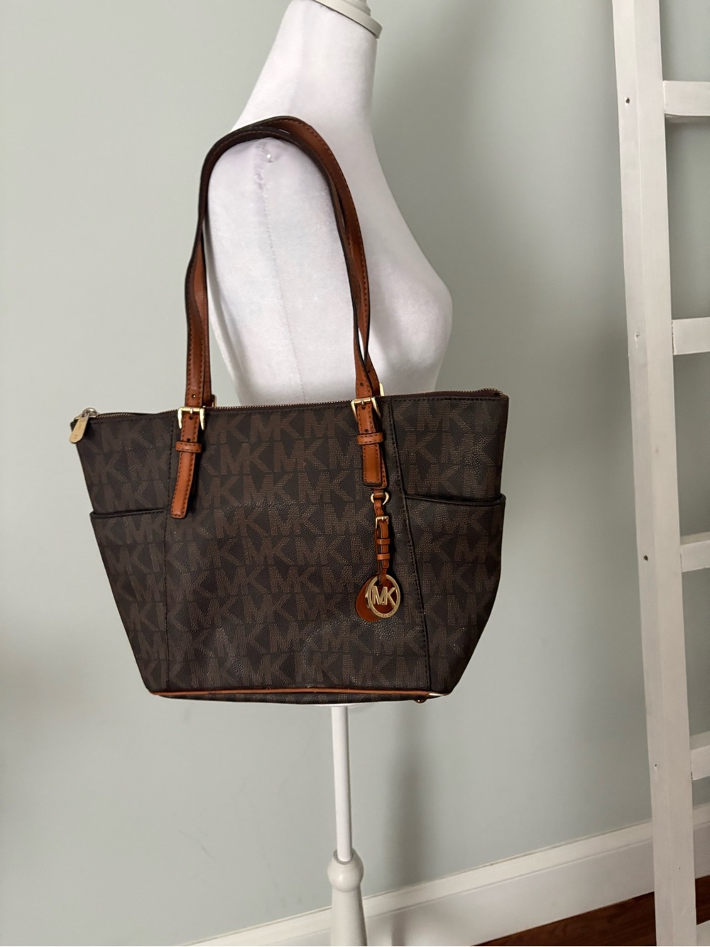 Michael Kors Dark Brown Monogram Tote with Tan Straps